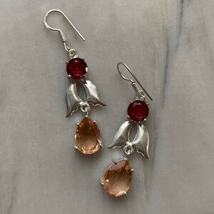 1782 Silver Drop Earrings with Red and Orange Stones